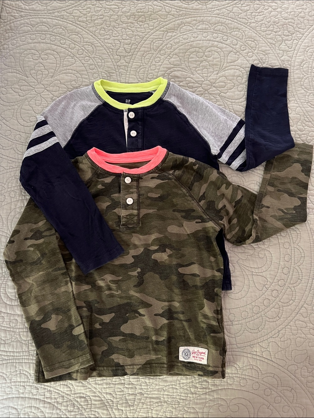 GAP Navy and Camouflage Long-Sleeve Henley with Neon Trim